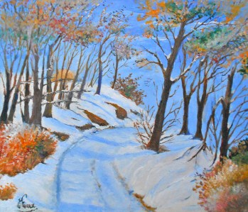 Jean Marie Ferrer artiste peintre de Provence, vente en ligne de tableaux à l'huile au couteau sur toile au couleurs de la Provence. Chemin  enneigé