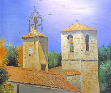 Jean Marie Ferrer artiste peintre de Provence, vente en ligne de tableaux à l'huile au couteau sur toile au couleurs de la Provence. Tableaux petits format. Le campanile 