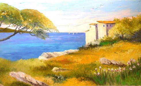 Jean Marie Ferrer artiste peintre de Provence, vente en ligne de tableaux à l'huile au couteau sur toile au couleurs de la Provence. Vue sur la mer.