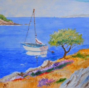 Jean Marie Ferrer artiste peintre de Provence, vente en ligne de tableaux à l'huile au couteau sur toile au couleurs de la Provence. Tableaux carrés sans châssis.L'azur