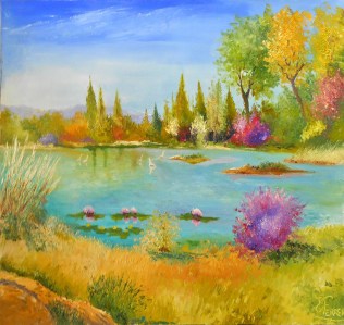 Jean Marie Ferrer artiste peintre de Provence, vente en ligne de tableaux à l'huile au couteau sur toile au couleurs de la Provence. Le lac aux cygnes.