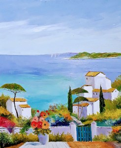 Jean Marie Ferrer artiste peintre de Provence, vente en ligne de tableaux à l'huile au couteau sur toile au couleurs de la Provence. Sur la terrasse