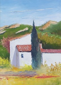 Jean Marie Ferrer artiste peintre de Provence, vente en ligne de tableaux à l'huile au couteau sur toile au couleurs de la Provence. Tableaux petits format.Le cyprès du mas