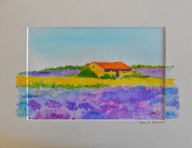 Jean-Marie Ferrer artiste peintre à Fréjus St Raphaël en Provence, aquarelle, dessin aquarellé DANS LES LAVANDES