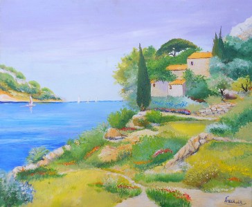 Jean Marie Ferrer artiste peintre de Provence, vente en ligne de tableaux à l'huile au couteau sur toile au couleurs de la Provence.Jardin vers la mer.