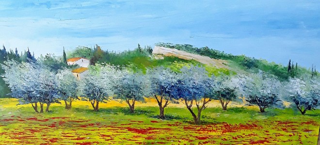 Jean Marie Ferrer artiste peintre de Provence, vente en ligne de tableaux à l'huile au couteau sur toile au couleurs de la Provence. Oliviers dans les Alpilles